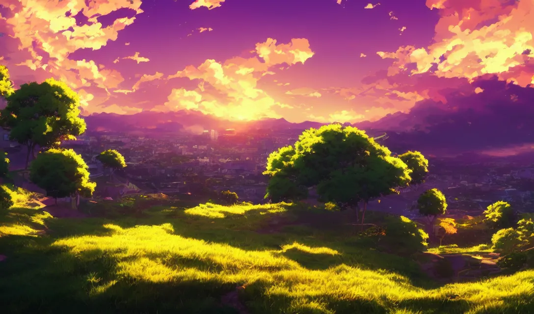 Prompt: very high quality illustration of green hills with clouds in the background, golden hour sunset, purple beautiful sky, anime key visual, official media, illustrated by wlop, extremely detailed, 8 k, trending on pixiv, cinematic lighting, beautiful