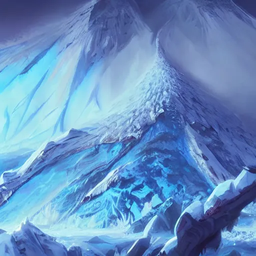 Prompt: blue glacier volcano eruption, blue glacier volcano eruption, blue liquid and snow, blue glacier volcano eruption, snow dust everywhere, snow battlefield, ice cold blue theme, bright masterpiece artstation. 8 k, sharp high quality artwork in style of jose daniel cabrera pena and greg rutkowski, concept art by tooth wu, blizzard warcraft artwork, hearthstone card game artwork