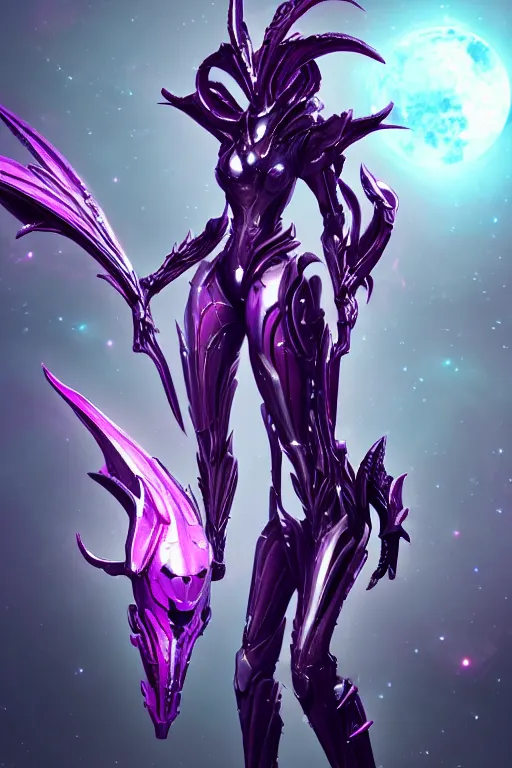 Image similar to galactic hyperdetailed elegant beautiful stunning giantess anthropomorphic mecha saryn warframe female dragon goddess, sharp spines, sharp metal ears, smooth purple eyes, smooth fuschia skin, silver armor, bigger than galaxy, epic proportions, epic scale, epic size, warframe destiny fanart, furry, dragon art, goddess art, giantess art, octane render