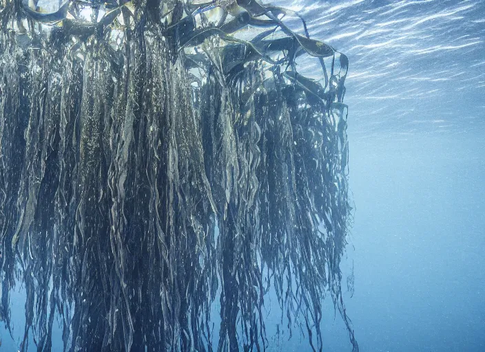 Image similar to underwater kelp forest beneath the ice of europa, award winning photograph