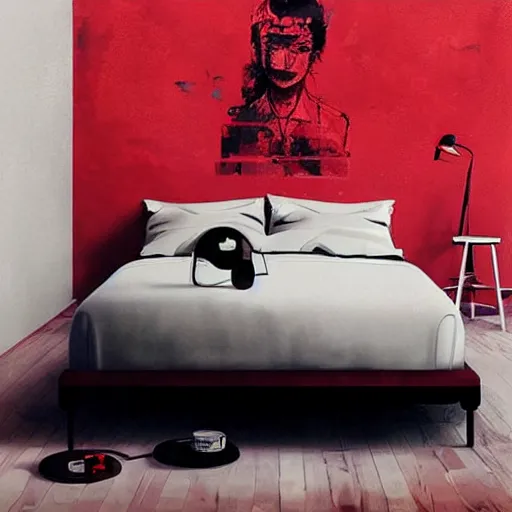 Image similar to highly detailed painting of a computer on a bed by atey ghailan, by greg rutkowski, by greg tocchini, by james gilleard, by joe fenton, by kaethe butcher, gradient red, black and white color scheme, grunge aesthetic!!! ( ( graffiti tag wall background ) )