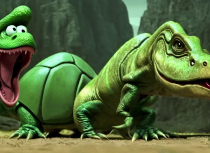 Image similar to film still of yoshi in the new sci - fi movie, upright dinosaur with a small turtle shell and long tongue, 8 k