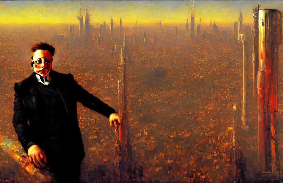 Image similar to portrait of elon musk!!!!!!!!!!!!!!!!!!!!!!!!!!!, detailed face, detailed painting, detailed city background, epic lighting, by ilya repin and phil hale