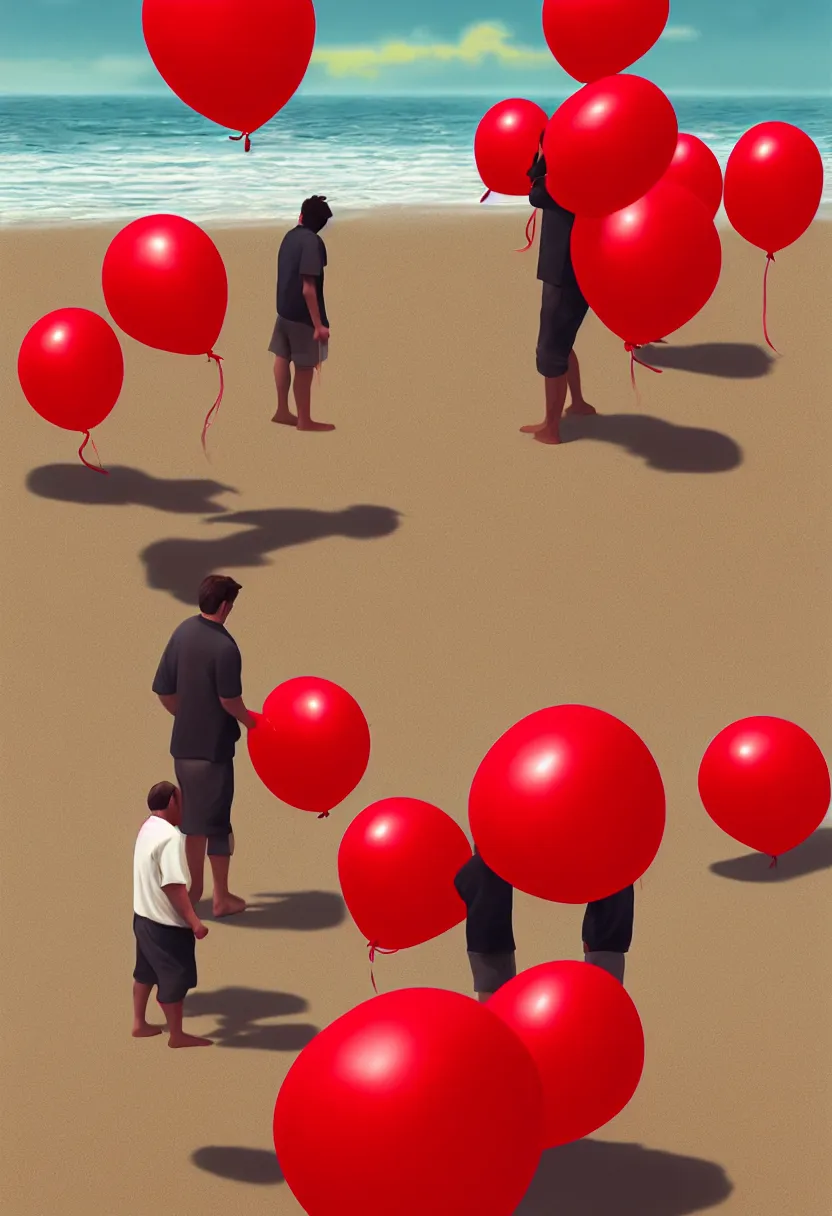 Image similar to lonely old men on the beach, holding red balloons. extremely high fidelity, 8 k, super resolution, cinematic view, super resolution, epic, hyperdetailed, digital painting, artstation, concept art, smooth, sharp focus, octane render, dramatic lighting, art by artgerm and greg rutkowski and alphonse mucha and wlop