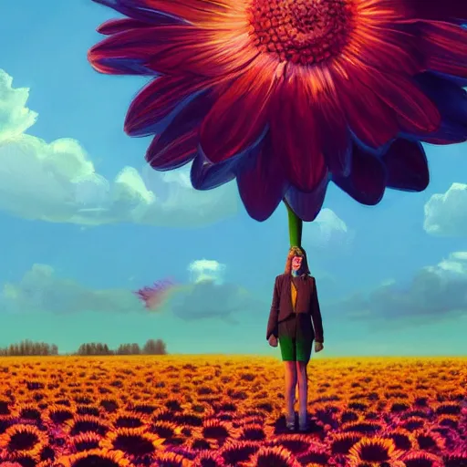 Image similar to giant daisy flower head, full body girl standing in a flower field, surreal photography, sunrise, dramatic light, impressionist painting, colorful clouds, digital painting, artstation, simon stalenhag