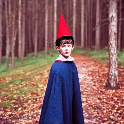 Prompt: portrait of wirt from over the garden wall. a 1 6 years old gloomy awkward boy with big brown eyes and shaggy brown hair wearing a red dunce hat and a blue navy cape, standing in the forest, kodachrome photograph, 1 9 9 5
