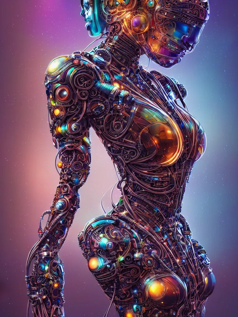 Prompt: full lenght shot woman in biomechanical dress, wearing epic bionic cyborg implants of different colors, detailed intricate ornate cables, by dan mumford, masterpiece, intricate, elegant futuristic wardrobe, highly detailed, artstation, concept art, background galaxy, cyberpunk colors, art by artgerm