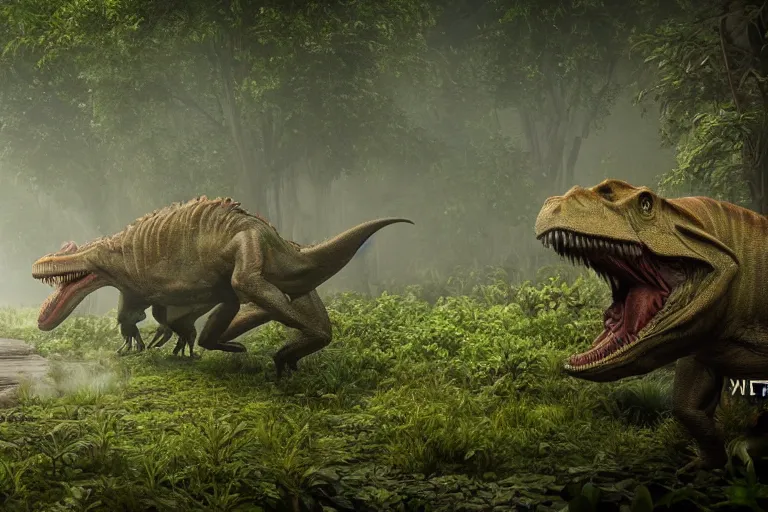 Image similar to unreal engine hyperreallistic render 8k of two trex tyrannosaurus rex dinosaurs fighting in the misty jungle action shot