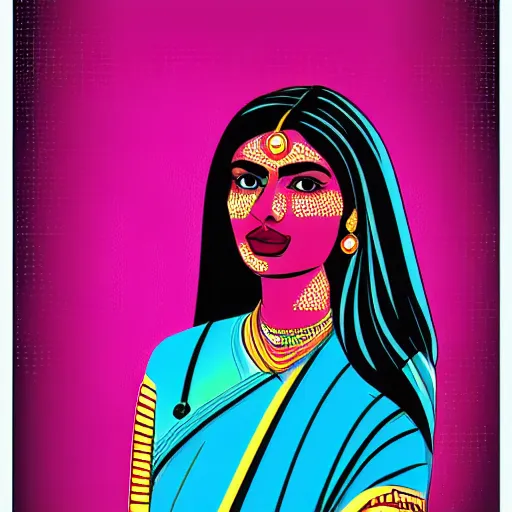 Image similar to a portrait of an indian woman, in retro colors, synthwave style, 2 d digital vector art