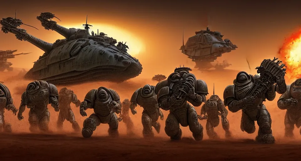 Prompt: pixar running dinosaurs space marines with bazookas, lions, m 1 tank fury road, warm colored highly detailed cinematic scifi render of 3 d sculpt of spiked gears of war skulls bucketwheel jabbas palace iron smelting pits, military chris foss, john harris, hoover dam'aircraft carrier tower'beeple, warhammer 4 0 k, halo, halo, mass effect