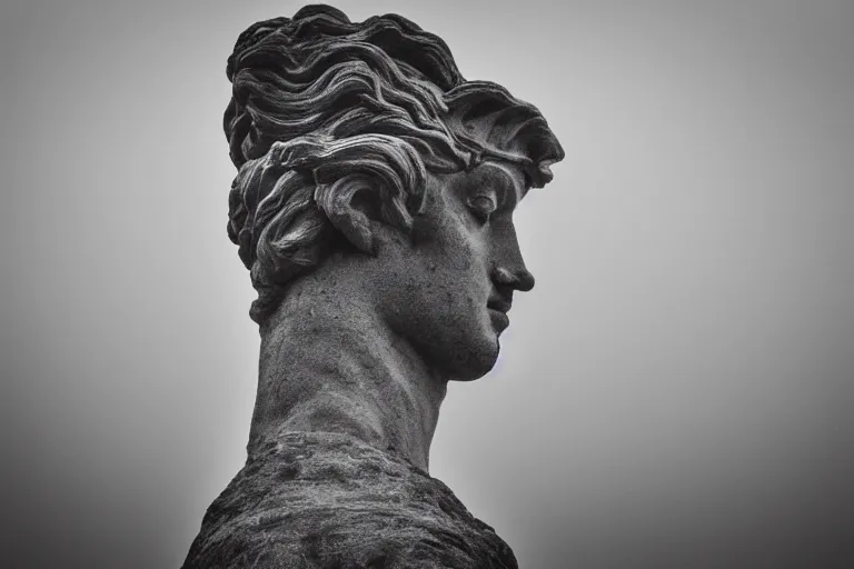 Image similar to masterpiece head of a giant statue of a beautiful! antic goddess with long hair, scuplted by MichelAngelo, partly sunken! in the lake!, important mist, lomography photo effect, monochrome, noise grain film, cl, surface view