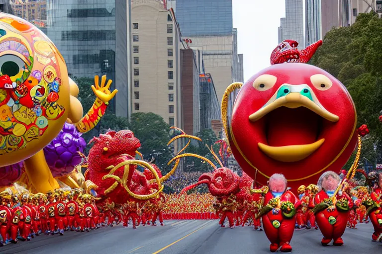 Image similar to photo of giant beautiful elaborate parade float characters designed by geoff darrow!!!! and ( ( ( ( ( ( peter jackson ) ) ) ) ) ), in the macys parade, detailed 4 k photo