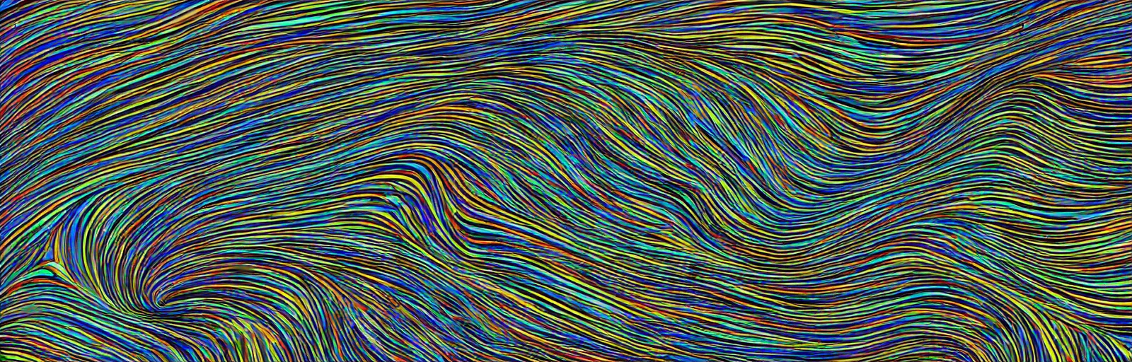 Image similar to a computer - generated image of colorful lines on a black background, digital art by pollock, mcfarlane, and frank miller, polycount, generative art, quantum wave - tracing