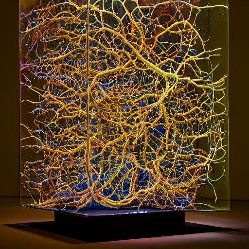 Prompt: rhizomatic machine, super - resolution microscopy, first - person view, light mode, fluorescent lamp, rembrandt lighting, tremella - fuciformis, diorama, abstract sculpture, kiki smith