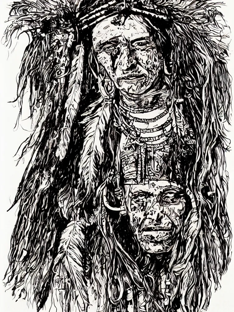 Image similar to a detailed loose wild messy ink sketch portrait of a Native American shaman wearing a bone breastplate in the style of Ralph Steadman, caricature, dramatic with desert colors