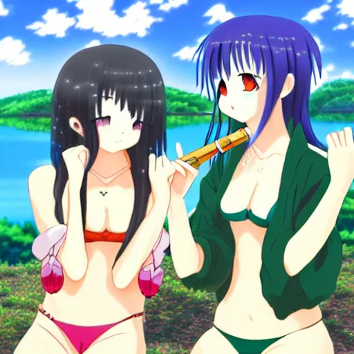 Image similar to two lesbian girls smoking hemp in front of a lake in the style of anime, pixiv, intricate, elegant, highly detailed, lush, stylized, japanese, smooth