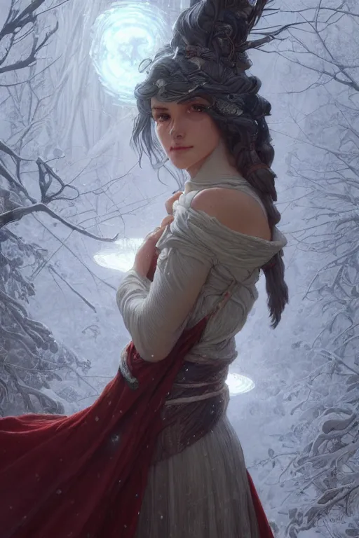 Image similar to goddess of winter solstice, only two hands, highly detailed, digital painting, artstation, concept art, smooth, sharp focus, illustration, unreal engine 5, 8 k, art by artgerm and greg rutkowski and edgar maxence and alphonse mucha