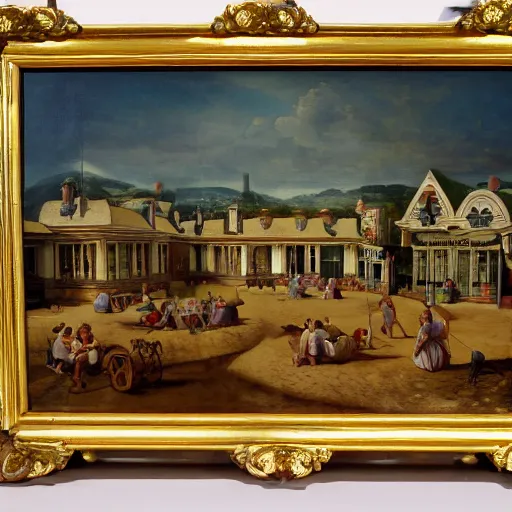 Image similar to Baroque oil painting of a Victorian beach resort, realistic, highly detailed