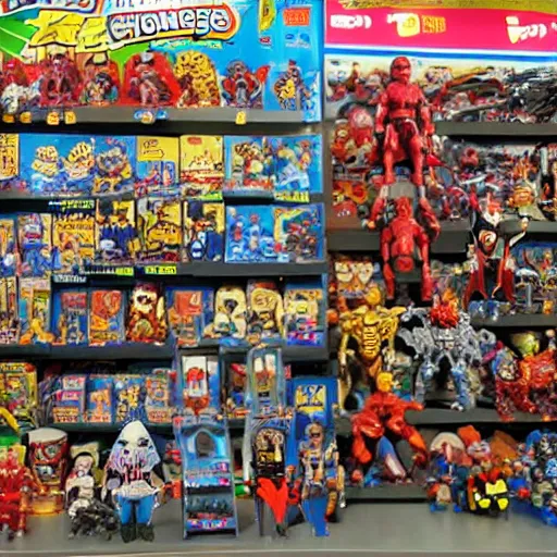 Prompt: action figures of pop culture fighting in a toy's store on the store's checkout, hypercharge video game, plastic and metal