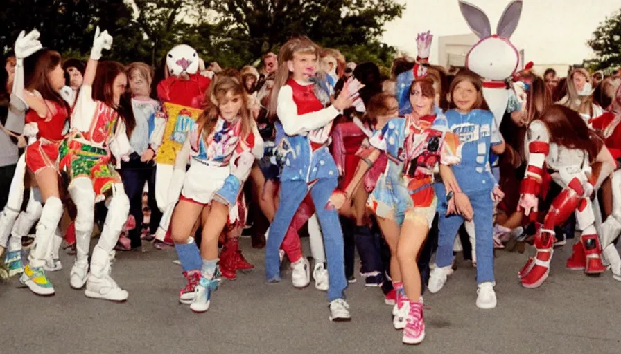 Image similar to 1990s candid photo of a middle school home coming dance with robot warrior rabbits, cinematic, UHD