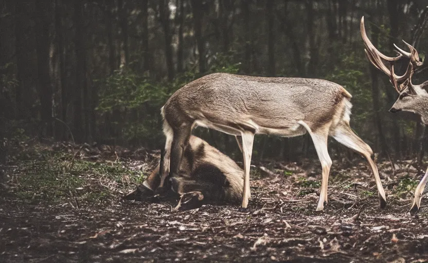 Image similar to A deer eating a dead wolf in the forest. Night time, dramatic, cinematic shot