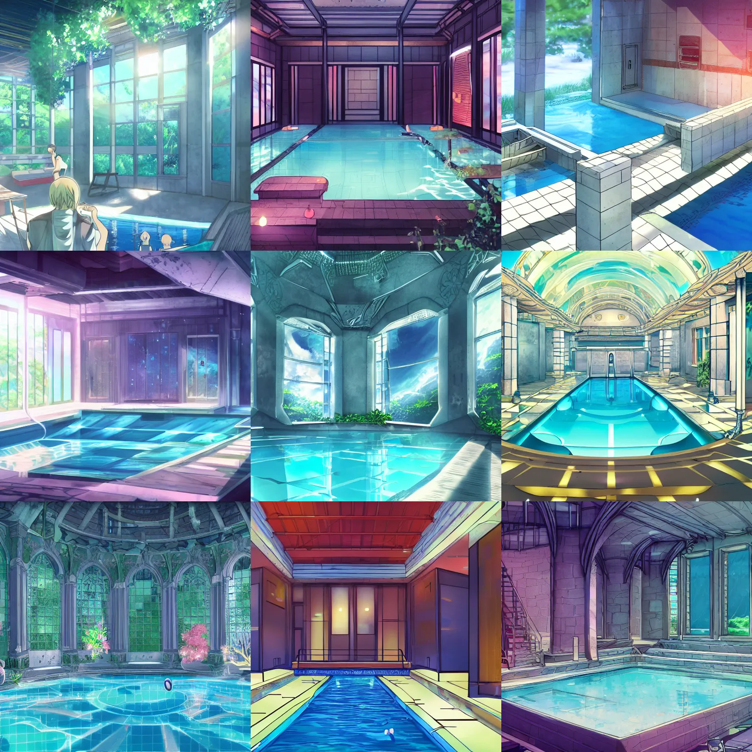 Prompt: detailed interior of a liminal space with a large pool, anime key visual