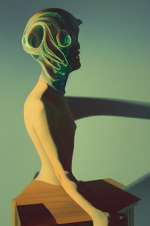 Image similar to woman wearing oculus and digital glitch head edward hopper and james gilleard, zdzislaw beksisnski, higly detailed