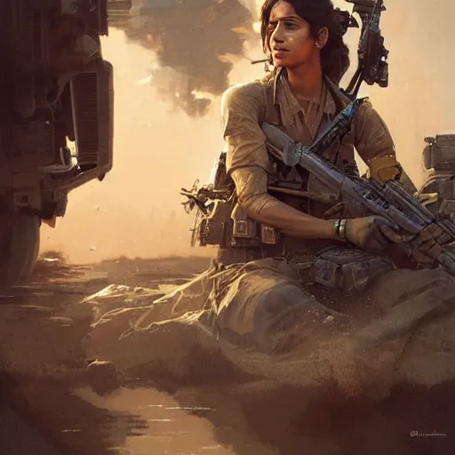 Image similar to A pale young indian woman riding a Humvee from Battlefield 4, very detailed face, gorgeous, beautiful, intricate, highly detailed, digital painting, artstation, concept art, sharp focus, illustration, art by greg rutkowski and alphonse mucha