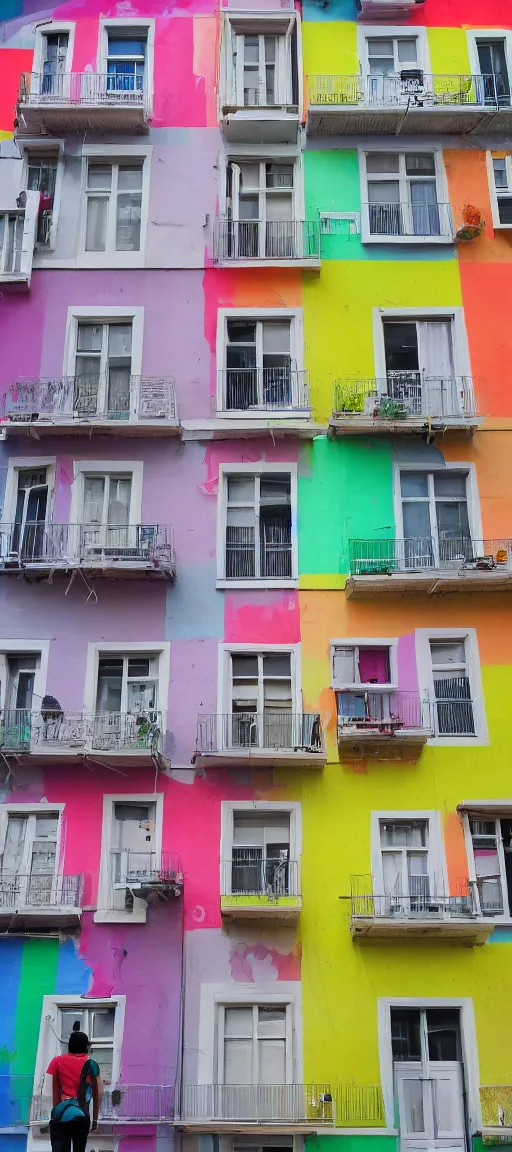 Image similar to concept art of a person standing on a balcony in front of a multicolored building, a photo by juliette leong, featured on flickr, synchromism, chromatic, vivid colors, colorful