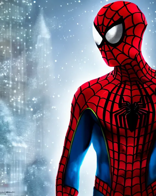 Image similar to spiderman in a christmas style spider suit, 8 k photo, portrait, dynamic lighting, fantasy concept art, trending on art station, stunning visuals, creative, cinematic, ultra detailed, comic strip style