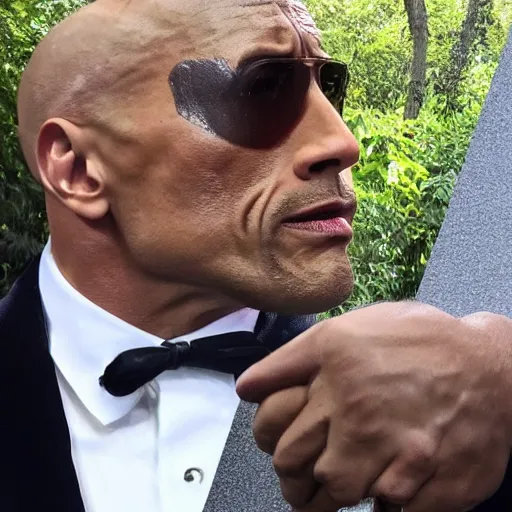 Prompt: dwayne johnson picking up a rock that looks like kevin heart. photo