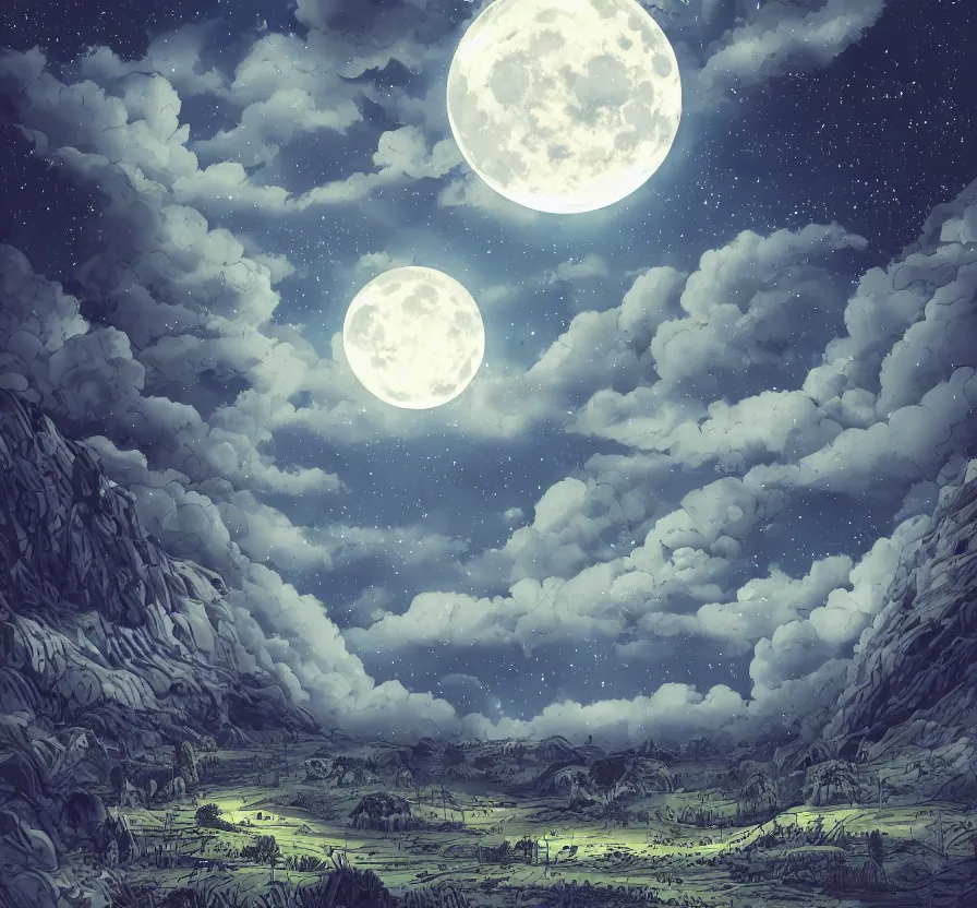 Image similar to day landscape with big moon background, acrilic paint, digital, artstation, detailed, intricate, ink, illustration, heavenly atmosphere