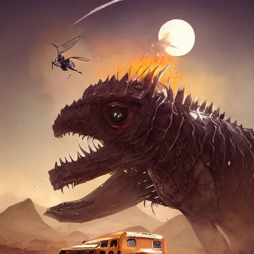 Prompt: giant horsefly monster attacking a silver school bus in the desert, ultra detailed, 8 k, greg rutkowski, artgerm, trending on artstation, award - winning art,