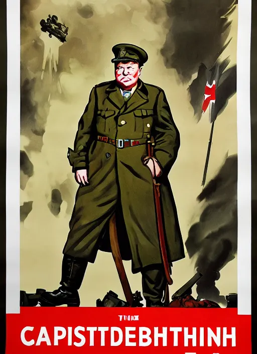 Image similar to winston churchill captain england 🦸 standing on a pile of defeated, beaten and broken german soldiers. captain england wins wwii. brittish wwii propaganda poster by james gurney and pixar. overwatch.