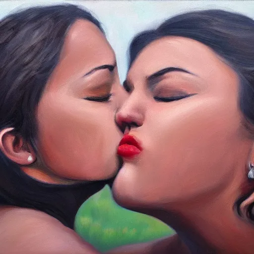 Prompt: two women kissing, oil on canvas, highly detailed, photo realistic