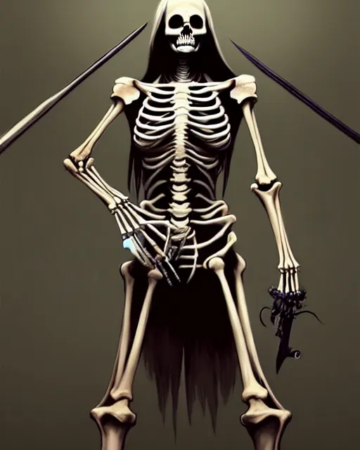 Image similar to A living skeleton, with weapons, elegant, highly detailed, sharp focus, art by Artgerm and Greg Rutkowski and WLOP