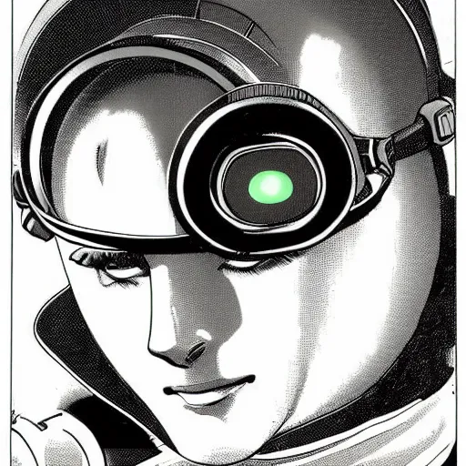 Prompt: manga, stoic heroic emotionless handsome butch blonde woman engineer in flight suit, victorian goggles, very short slicked - back hair, anxious and awkward, on the nostromo, alien 1 9 7 9, anime,