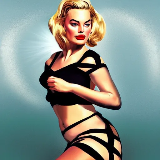 Image similar to Margot Robbie as a pinup girl, digital art, hyperrealistic