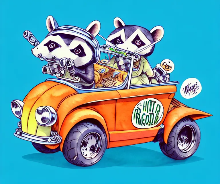 Image similar to cute and funny, racoon wearing a helmet riding in a tiny hot rod with oversized engine, ratfink style by ed roth, centered award winning watercolor pen illustration, isometric illustration by chihiro iwasaki, edited by range murata, details by artgerm