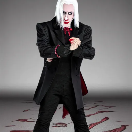 Image similar to Full picture of a white hair dracula wearing Dr. Martens shoes