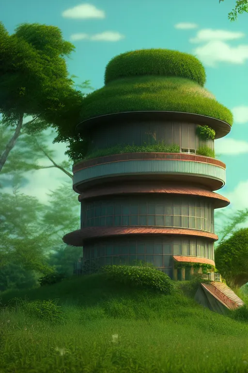 Image similar to cylindrical house, solarpunk, studio ghibli, jean - baptiste monge, octane render, 4 k