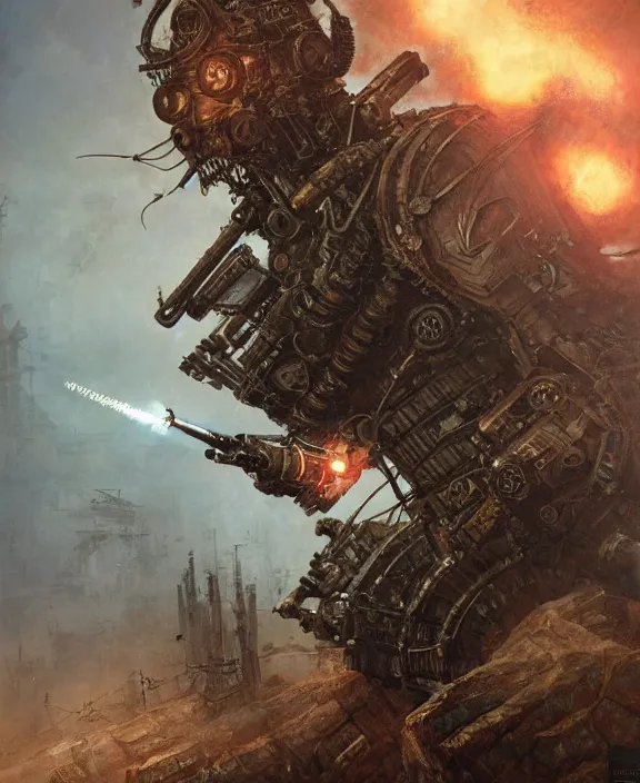 Prompt: a soldier in steampunk armour charging the enemy amongst powerful explosions, by HR Giger and Beksiński and Stephan Martiniere , 4k resolution, detailed, trending on artstation