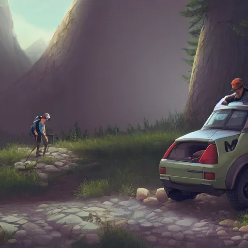 Image similar to hiker unloading the car before camping, by etienne hebinger, cgsociety, cynical realism, fantasy art, 2 d game art
