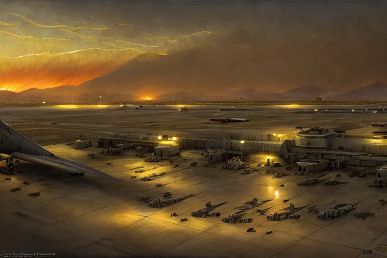 Prompt: bagram airfield at sunset, fantasy, intricate, elegant, dramatic lighting, emotionally evoking symbolic metaphor, highly detailed, lifelike, photorealistic, digital painting, artstation, concept art, smooth, sharp focus, illustration, art by john collier and albert aublet and krenz cushart and artem demura and alphonse mucha