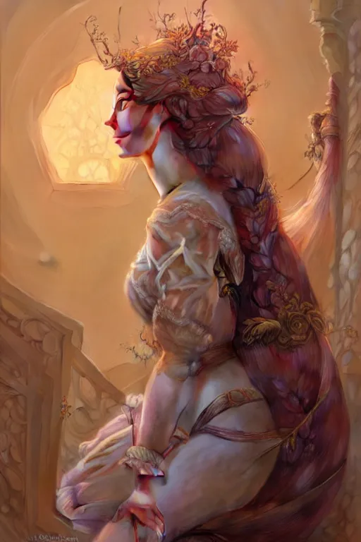 Image similar to Rapunzel, fantasy, intricate, elegant, highly detailed, digital painting, artstation, concept art, matte, sharp focus, illustration, art by Artgerm and Greg Rutkowski and Alphonse Mucha