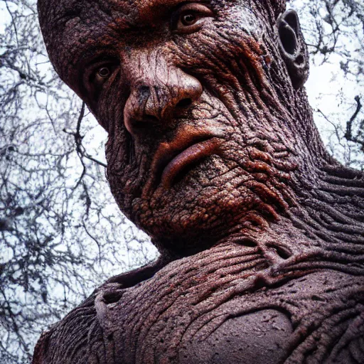 Image similar to beautiful lava human figure, exotic trees, bare bark, dark eyes, low angle mist, high octane, frostbite, 8 k, cinematic, 3 5 mm