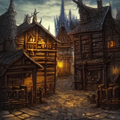 Image similar to medeival fantasy town, slight ruination, night, street blocked by wooden palisade!!, photo, artstation