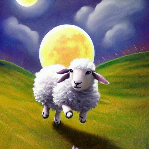 Image similar to cute wooly baby sheep jumping over the moon detailed magical realism painting