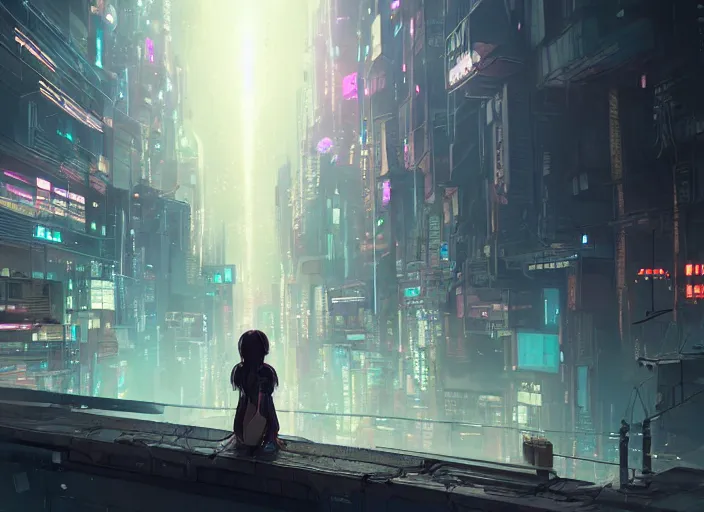 Prompt: girl staring at a meteorite hitting a floating cyberpunk city at night by wlop, key visual, high detail, digital art