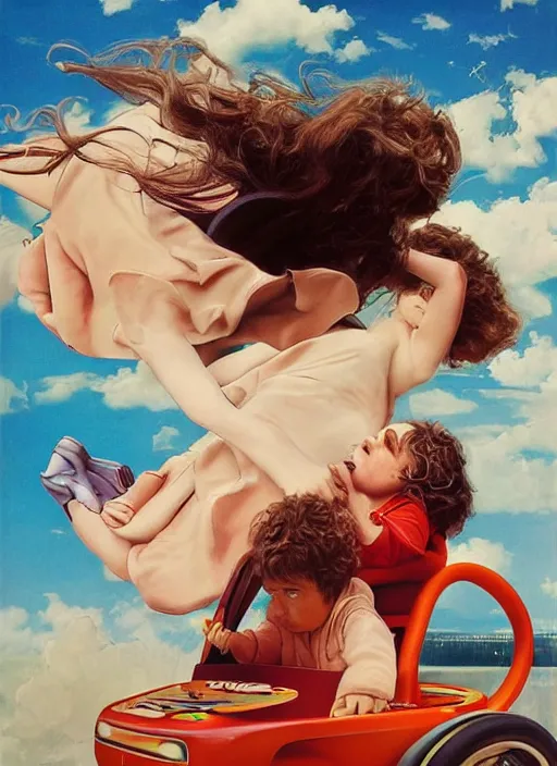 Image similar to ultrawide angle colour portrait masterpiece photography of peter dinklage driving a little tikes crazy coupe by annie leibovitz michael cheval miho hirano moebius josh kirb